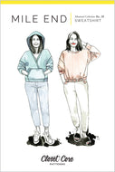 Illustration of two people wearing sweatshirts with 'Mile End' branding on a white background.
