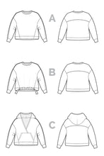 Load image into Gallery viewer, Line art of three different sweatshirt designs labeled A, B, and C on a white background.
