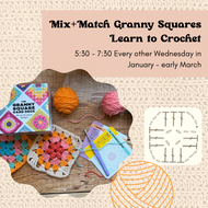 Promotional flyer for a crochet class with yarn, crochet hooks, and granny square pattern on a textured background.