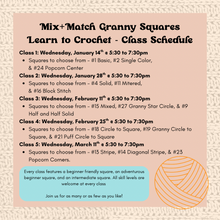 Load image into Gallery viewer, Class schedule for a crochet class with squares to choose from on a textured beige background.