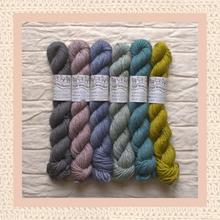 Load image into Gallery viewer, Set of five skeins of yarn in various colors on a textured surface