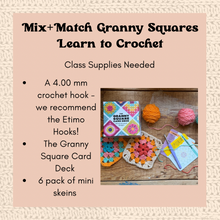 Load image into Gallery viewer, Instructional flyer for a crochet class with text and images of crochet supplies on a textured beige background.