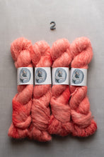 Load image into Gallery viewer, Four skeins of soft, fuzzy yarn in a coral-pink and orange variegated colorway, arranged side-by-side on a gray background with a small black number '2' above them. Each skein is wrapped with a white paper label featuring a circular logo.