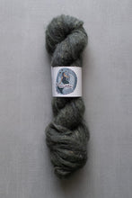 Load image into Gallery viewer, Gray skein of yarn with a label on a gray background