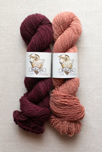 Load image into Gallery viewer, Two skeins of yarn side by side on a light textured background. The left skein is a deep burgundy/maroon, and the right skein is a dusty rose/terracotta.