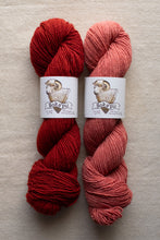 Load image into Gallery viewer, Two skeins of red and pink yarn with labels on a beige background