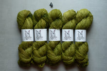 Load image into Gallery viewer, Five skeins of olive green yarn arranged in two rows on a light gray background, each wrapped with a white paper label featuring a dog illustration and the text 'Barkley Yarn'.