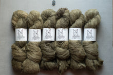 Load image into Gallery viewer, Six skeins of thick, fuzzy yarn in a warm taupe-brown shade, each wrapped with a white paper label featuring a black line drawing of a dog, arranged side by side on a light gray background.