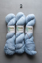 Load image into Gallery viewer, Three skeins of light blue yarn with labels on a gray background