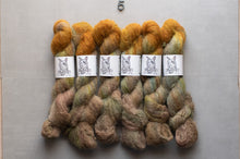 Load image into Gallery viewer, Six skeins of variegated wool yarn arranged horizontally on a light gray background. The yarn transitions through warm mustard yellow, orange, olive green, and earthy taupe-brown tones.