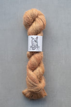 Load image into Gallery viewer, Ball of brown yarn with a label on a gray background