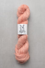 Load image into Gallery viewer, A skein of soft, fuzzy peach-pink yarn with a white paper label featuring a black line drawing of a dog and the text 'Old Dog', set against a neutral gray background.