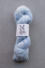 Load image into Gallery viewer, Blue skein of yarn with a label on a gray background