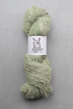 Load image into Gallery viewer, Green skein of yarn with a label on a gray background