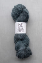 Load image into Gallery viewer, Blue skein of yarn with a label on a gray background