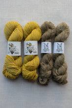 Load image into Gallery viewer, Four skeins of wool yarn arranged side by side on a light gray textured background. The left two skeins are a mustard yellow color, and the right two skeins are a warm taupe-brown color.