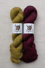 Load image into Gallery viewer, Two skeins of yarn side by side on a textured light beige background. The left skein is a muted olive yellow-green, and the right skein is a deep burgundy.