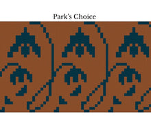 Load image into Gallery viewer, A repeating pattern swatch labeled 'Park's Choice' at the top, showing a brown background with dark navy abstract floral or leaf-like motifs.