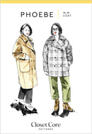 Illustration of two women wearing coats with 'Phoebe' coat pattern details on a white background.