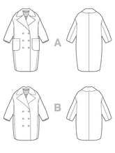 Load image into Gallery viewer, Technical drawing of a coat with front, back, and side views labeled A, B, and C.
