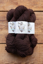 Load image into Gallery viewer, Two skeins of brown yarn with labels on a wooden surface