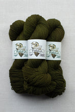 Load image into Gallery viewer, Three skeins of olive green yarn with white paper bands labeled 'Pishfun' and a ram illustration, arranged on a light gray textured background.