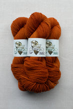 Load image into Gallery viewer, Three skeins of warm rust-orange yarn with white paper labels reading 'Pishkun' and 'Mountain Red', arranged on a light gray textured background.