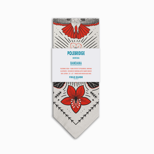 Polebridge bandana packaging with floral design on a white background