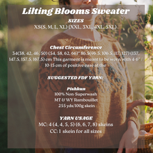 Load image into Gallery viewer, A text overlay detailing sizing and yarn information for the Lilting Blooms Sweater, shown over a photo of a person wearing a brown and blue patterned knit sweater in an outdoor setting.