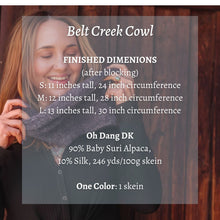 Load image into Gallery viewer, Person wearing a Belt Creek Cowl with product details overlayed on a wooden background