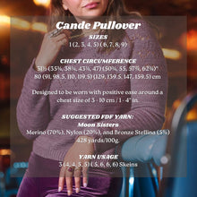 Load image into Gallery viewer, Person wearing a purple sweater with text overlay about the Cande Pullover design, including sizes, chest circumference, yarn details, and usage.
