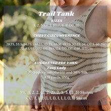 Load image into Gallery viewer, A woman wearing a beige knit tank top with black horizontal stripes, shown outdoors with a semi-transparent text overlay detailing sizing, chest circumference, suggested FDK yarn, and knitting needles/cropping patterns for a 'Trail Tank' size 10.