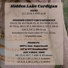Load image into Gallery viewer, Measurement chart for a 'Hidden Lake Cardigan' with sizes and specifications.