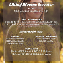 Load image into Gallery viewer, A promotional sizing and yarn information graphic for the Lilting Blooms Sweater, featuring a woman wearing the sweater in the background with text overlays detailing sizes, chest circumference, suggested FDF yarn, and yarn usage.
