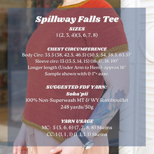 Load image into Gallery viewer, A size and yarn usage informational graphic for the Spillway Falls Tee, showing a person wearing a maroon knit top with green and orange trim over a white dress. The graphic contains text detailing sizes, chest measurements, suggested FDF yarn, and yarn usage.