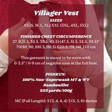 Load image into Gallery viewer, Red garment with text detailing sizes, measurements, and yarn information.