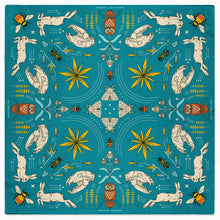 Load image into Gallery viewer, Decorative pattern with animals and geometric shapes on a blue background