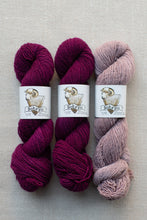 Load image into Gallery viewer, Three skeins of yarn arranged vertically on a light beige textured background. The left and center skeins are a deep magenta-purple, and the right skein is a dusty mauve-pink.