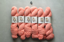 Load image into Gallery viewer, Pink yarn skeins with labels on a gray background