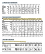 Load image into Gallery viewer, Curvy body measurements chart for clothing design with fabric requirements.