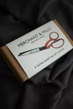 Load image into Gallery viewer, Box of Merchant &amp; Mills 8-inch tailor's shears on a dark fabric background