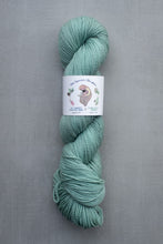 Load image into Gallery viewer, Light green skein of yarn with a label on a gray background