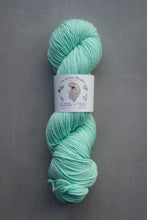Load image into Gallery viewer, Turquoise skein of yarn with a label on a gray background