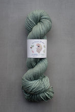 Load image into Gallery viewer, Green skein of yarn with a label on a gray background