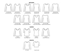 Load image into Gallery viewer, Diagram of different neckline, sleeve, and length options for a long-sleeve shirt design.