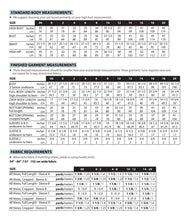 Load image into Gallery viewer, Measurement chart for clothing with size charts and fabric requirements on a white background