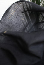 Load image into Gallery viewer, Close-up of dark fabric with embroidered patterns on a light background