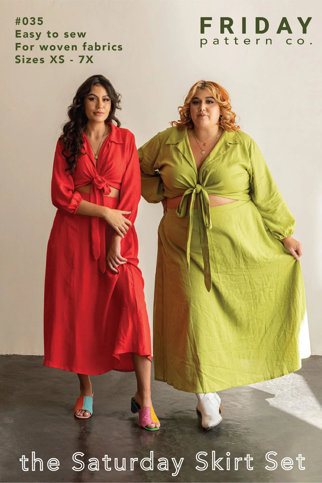 Two women wearing red and green dresses with text about a pattern company on a beige background