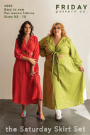 Two women wearing red and green dresses with text about a pattern company on a beige background