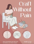 Book cover of 'Craft Without Pain' with an illustration of a person knitting and text about injury prevention.